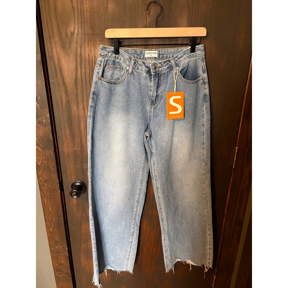 SXIDECGQI Womens Light Wash Wide Leg Jeans High Rise Raw Hem Size M New